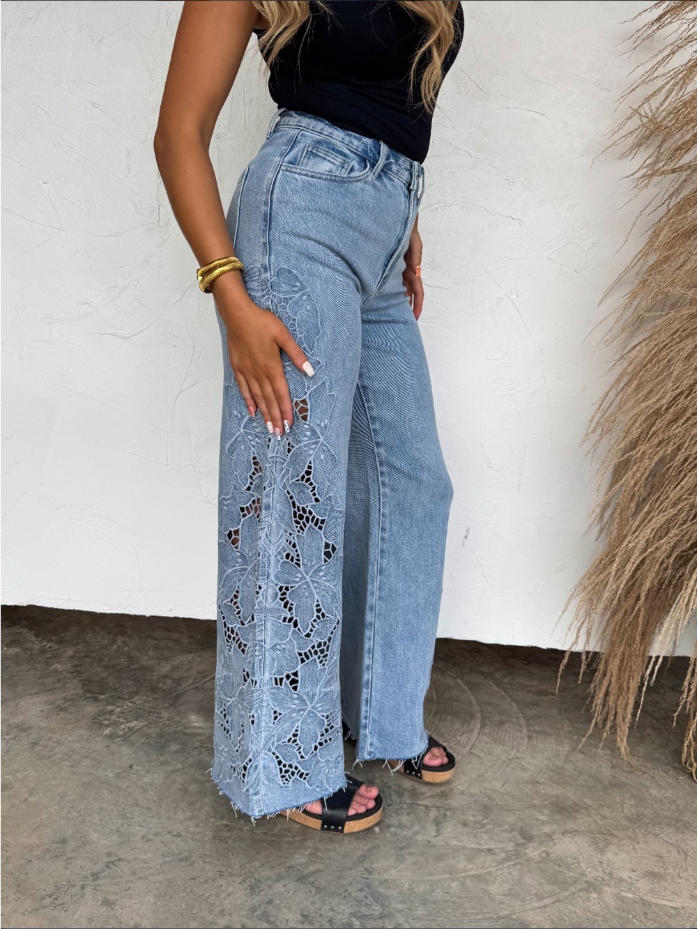Light Denim Lace-Panel Wide Leg Jeans